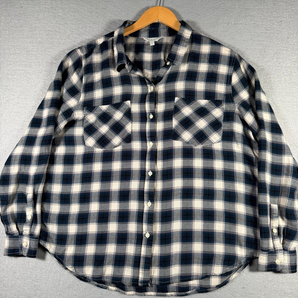 Lucky Brand Womens Navy Blue White Plaid‎ Viscose Button Down Shirt 7WP4400 L